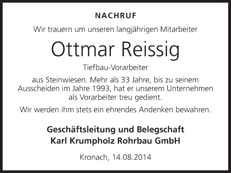  Traueranzeige für Ottmar Reissig vom 15.08.2014 aus MGO