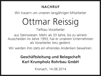 Anzeige von Ottmar Reissig von MGO