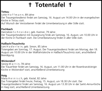 Anzeige von Totentafel, vom 15.08.2014 von MGO