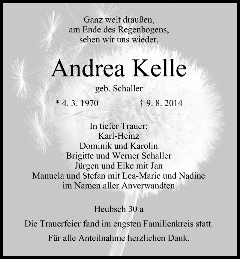  Traueranzeige für Andrea Kelle vom 16.08.2014 aus MGO