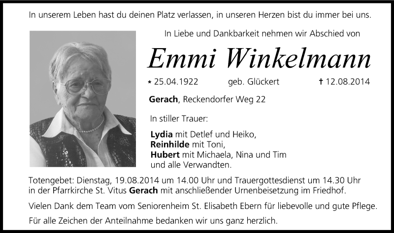  Traueranzeige für Emmi Winkelmann vom 16.08.2014 aus MGO
