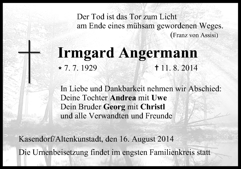  Traueranzeige für Irmgard Angermann vom 16.08.2014 aus MGO