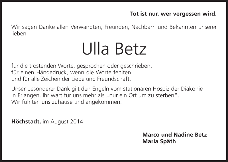  Traueranzeige für Ulla Betz vom 18.08.2014 aus MGO