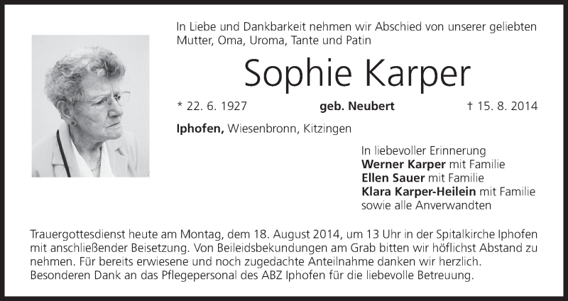  Traueranzeige für Sophie Karper vom 18.08.2014 aus MGO
