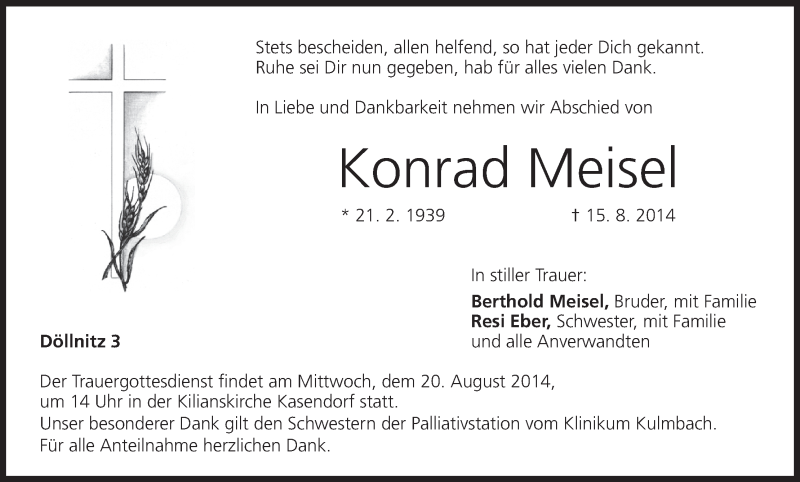  Traueranzeige für Konrad Meisel vom 18.08.2014 aus MGO