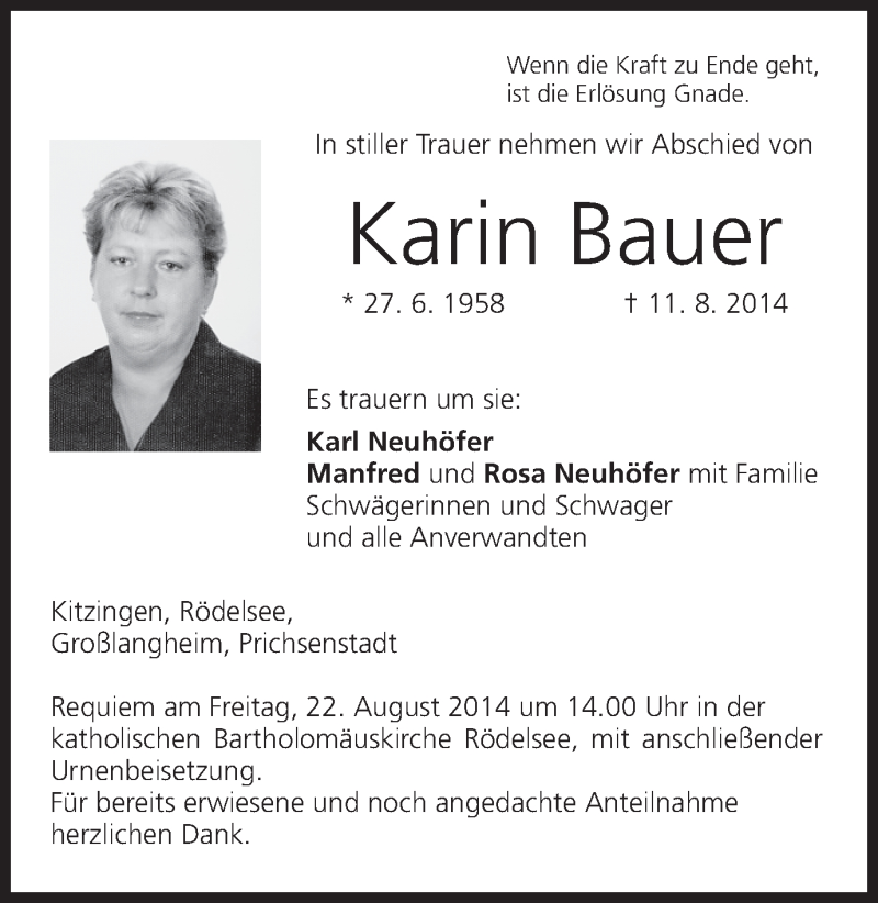 Traueranzeige für Karin Bauer vom 19.08.2014 aus MGO
