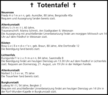 Anzeige von Totentafel vom 19.08.2014 von MGO