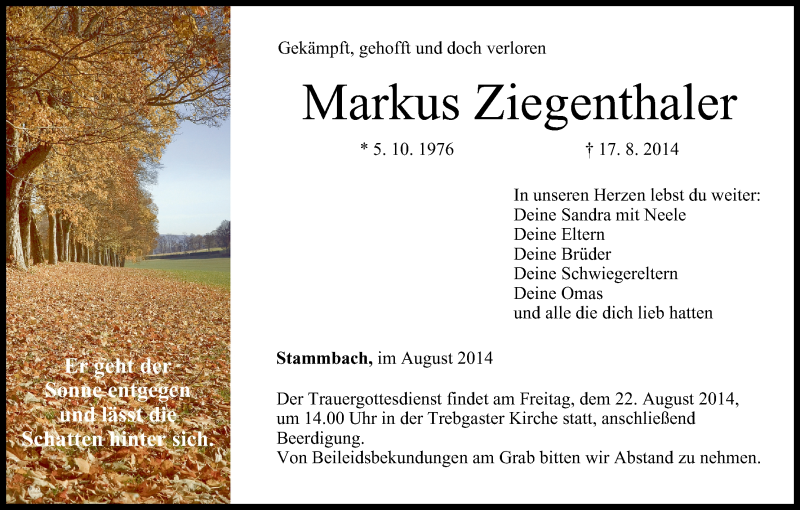  Traueranzeige für Markus Ziegenthaler vom 21.08.2014 aus MGO