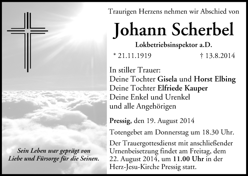  Traueranzeige für Johann Scherbel vom 19.08.2014 aus MGO
