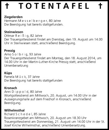 Anzeige von Totentafel vom 19.08.2014 von MGO