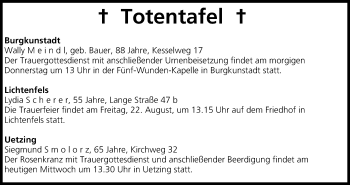 Anzeige von Totentafel vom 20.08.2014 von MGO