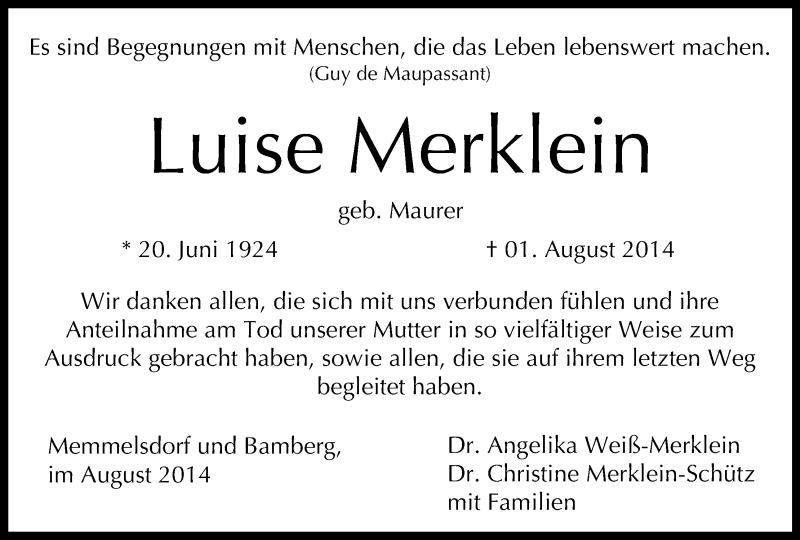  Traueranzeige für Luise Merklein vom 23.08.2014 aus MGO