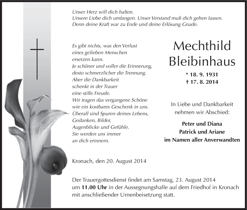  Traueranzeige für Mechthild Bleibinhaus vom 20.08.2014 aus MGO