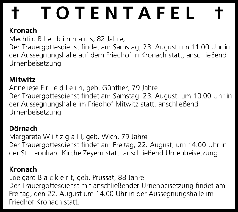 Traueranzeige für Totentafel vom 21.08.2014 vom 21.08.2014 aus MGO
