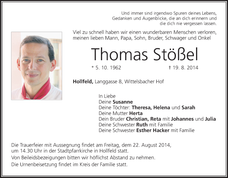  Traueranzeige für Thomas Stößel vom 21.08.2014 aus MGO