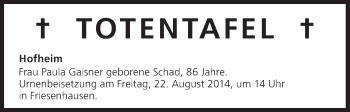 Anzeige von Totentafel vom 22.08.2014 von MGO