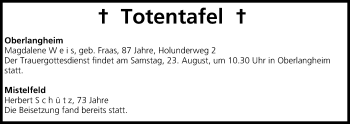 Anzeige von Totentafel vom 22.08.2014 von MGO