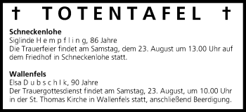 Anzeige von Totentafel vom 22.08.2014 von MGO