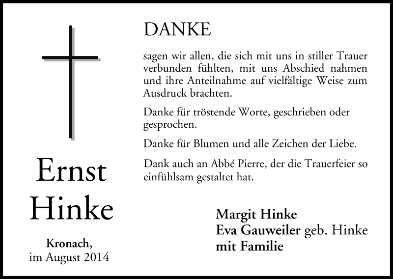  Traueranzeige für Ernst Hinke vom 25.08.2014 aus MGO