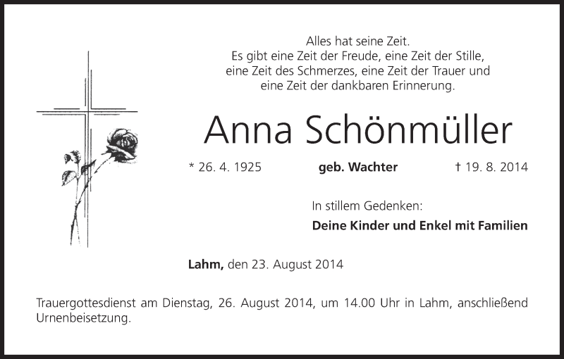  Traueranzeige für Anna Schönmüller vom 23.08.2014 aus MGO