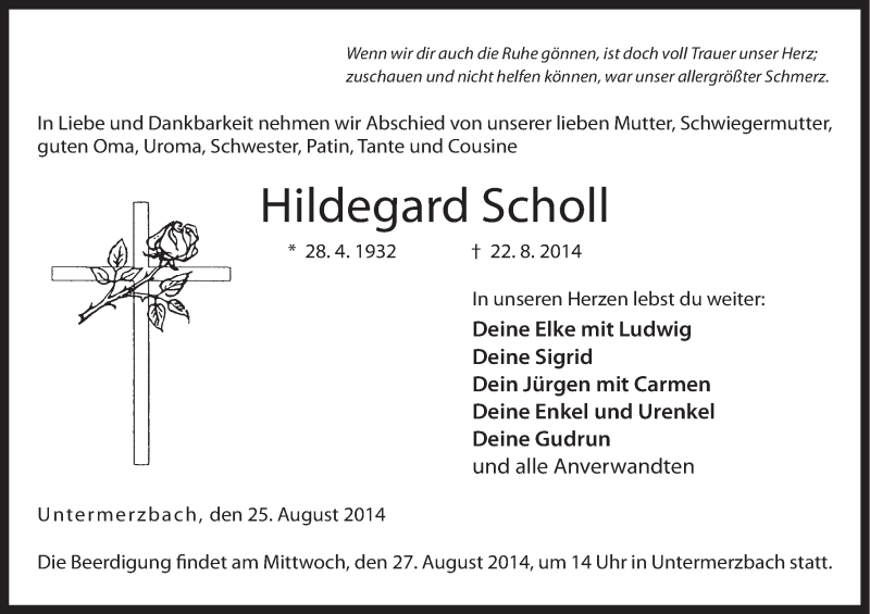  Traueranzeige für Hildegard Scholl vom 25.08.2014 aus MGO