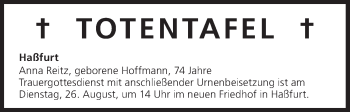 Anzeige von Totentafel, vom 25.08.2014 von MGO