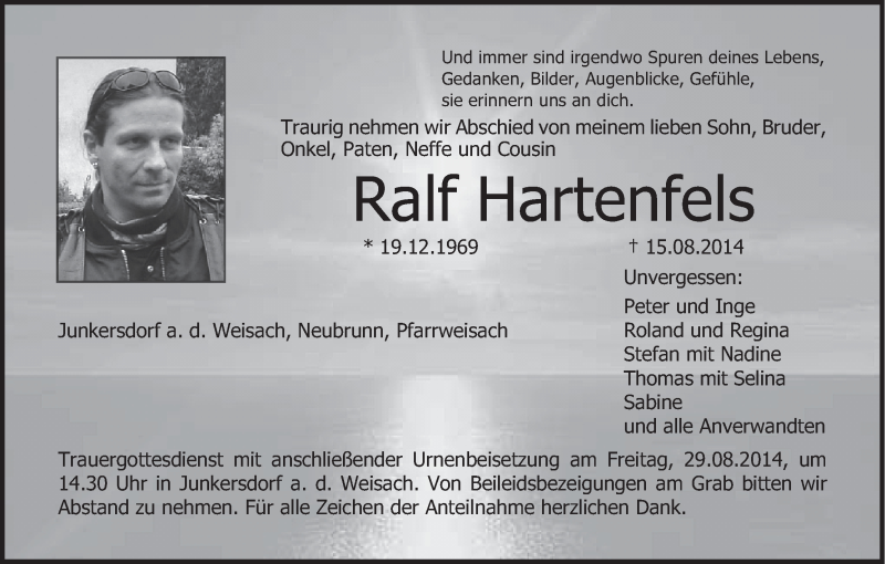  Traueranzeige für Ralf Hartenfels vom 26.08.2014 aus MGO