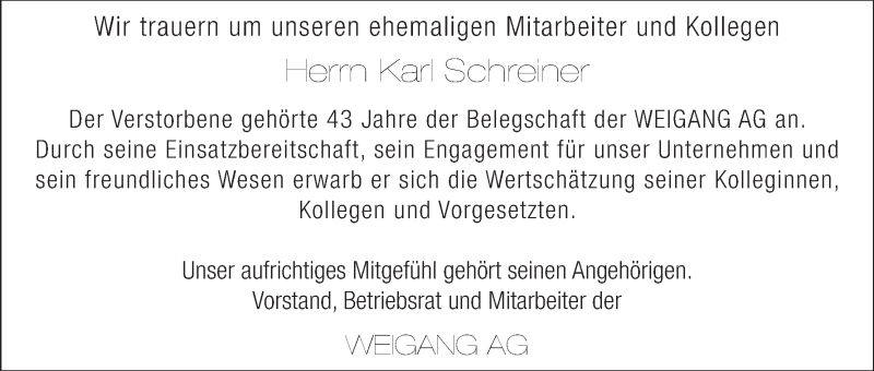  Traueranzeige für Karl Schreiner vom 27.08.2014 aus MGO