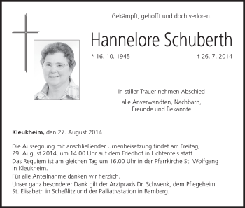 Anzeige von Hannelore Schuberth von MGO