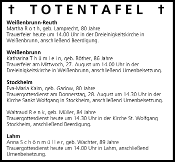 Anzeige von Totentafel, vom 26.08.2014 von MGO