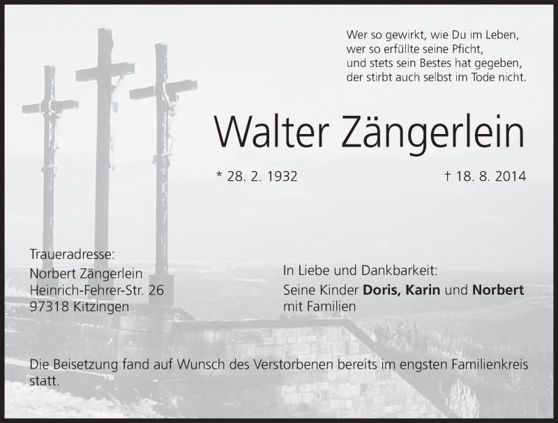 Traueranzeige für Walter Zängerlein vom 28.08.2014 aus MGO