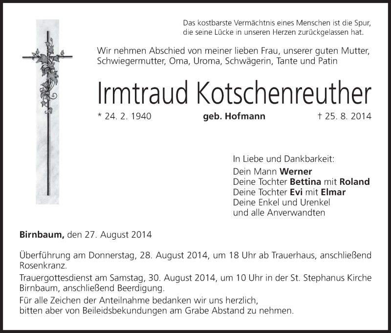  Traueranzeige für Irmtraud Kotschenreuther vom 27.08.2014 aus MGO