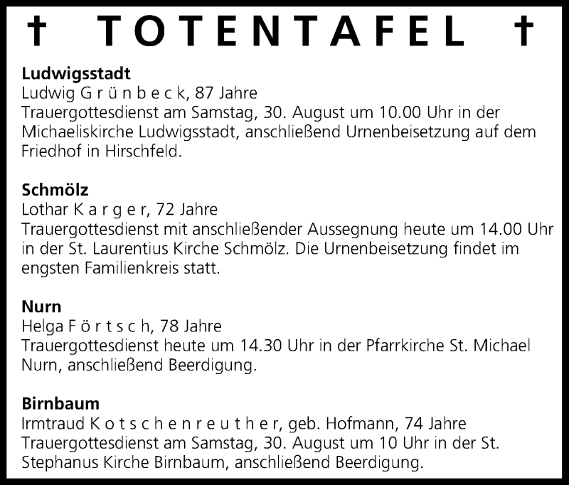  Traueranzeige für Totentafel vom 28.08.2014 vom 28.08.2014 aus MGO