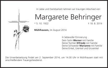 Anzeige von Margarete Behringer von MGO
