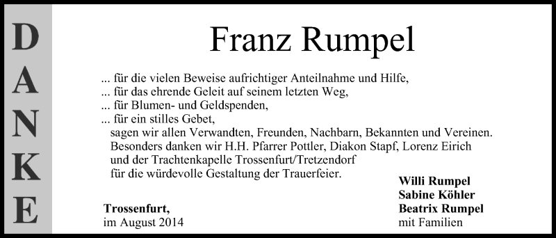  Traueranzeige für Franz Rumpel vom 30.08.2014 aus MGO