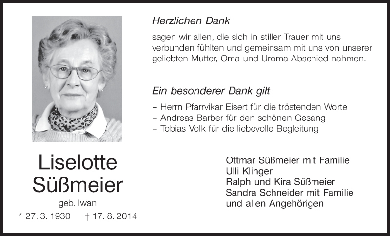  Traueranzeige für Liselotte Süßmeier vom 30.08.2014 aus MGO