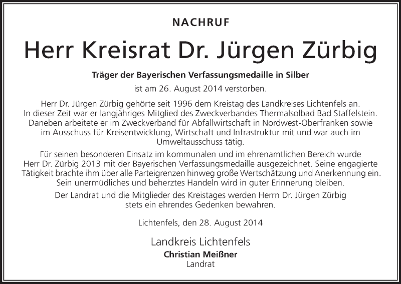  Traueranzeige für Jürgen Zürbig vom 29.08.2014 aus MGO