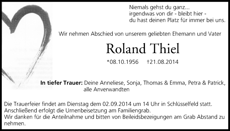  Traueranzeige für Roland Thiel vom 01.09.2014 aus MGO