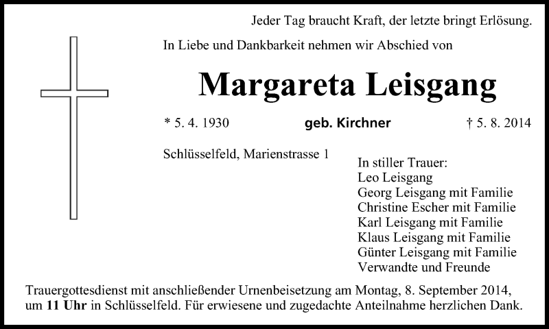  Traueranzeige für Margareta Leisgang vom 04.09.2014 aus MGO