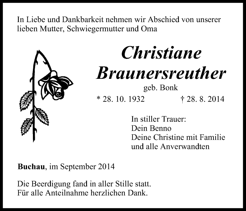  Traueranzeige für Christiane Braunersreuther vom 03.09.2014 aus MGO