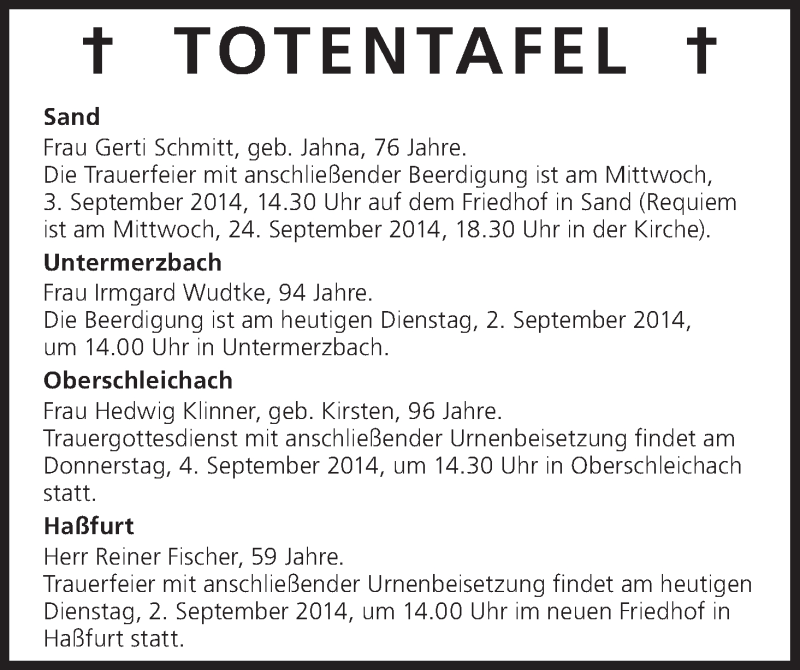 Traueranzeige für Totentafel 02.09.2014 vom 02.09.2014 aus MGO