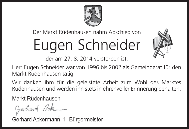  Traueranzeige für Eugen Schneider vom 02.09.2014 aus MGO