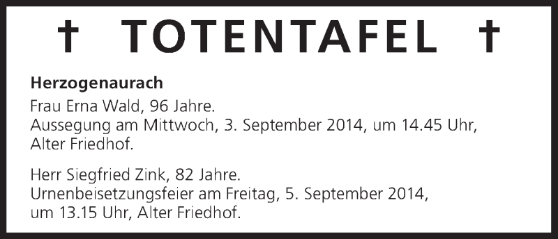  Traueranzeige für Totentafel 02.09.2014 vom 02.09.2014 aus MGO