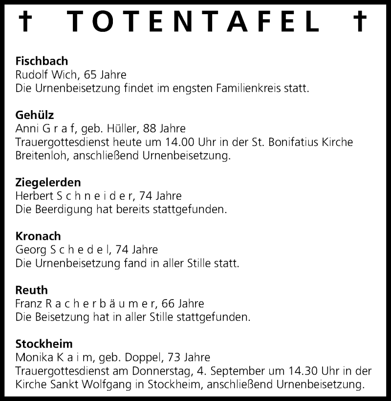  Traueranzeige für Totentafel 02.09.2014 vom 02.09.2014 aus MGO