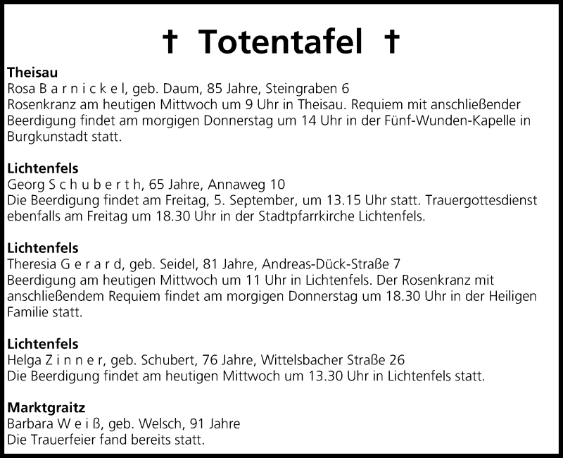  Traueranzeige für Totentafel vom 03.09.2014 vom 03.09.2014 aus MGO