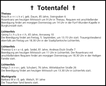 Anzeige von Totentafel vom 03.09.2014 von MGO