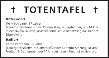 Anzeige von Totentafel vom 03.09.2014 von MGO