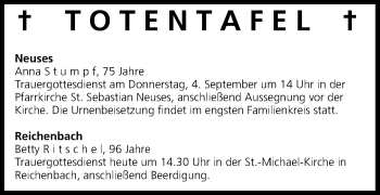 Anzeige von Totentafel vom 03.09.2014 von MGO