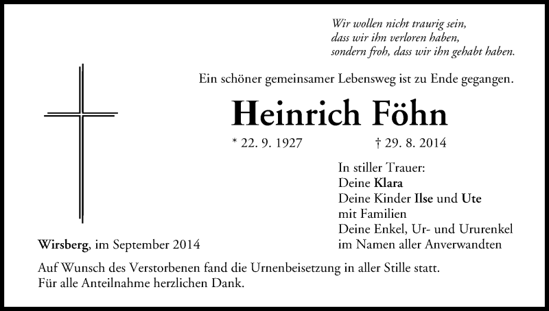  Traueranzeige für Heinrich Föhn vom 06.09.2014 aus MGO