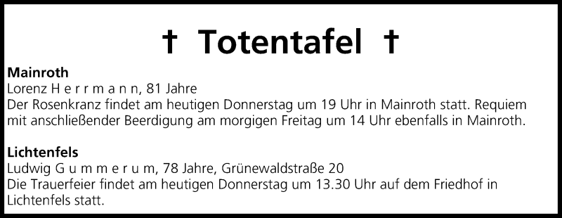  Traueranzeige für Totentafel, vom 04.09.2014 vom 04.09.2014 aus MGO